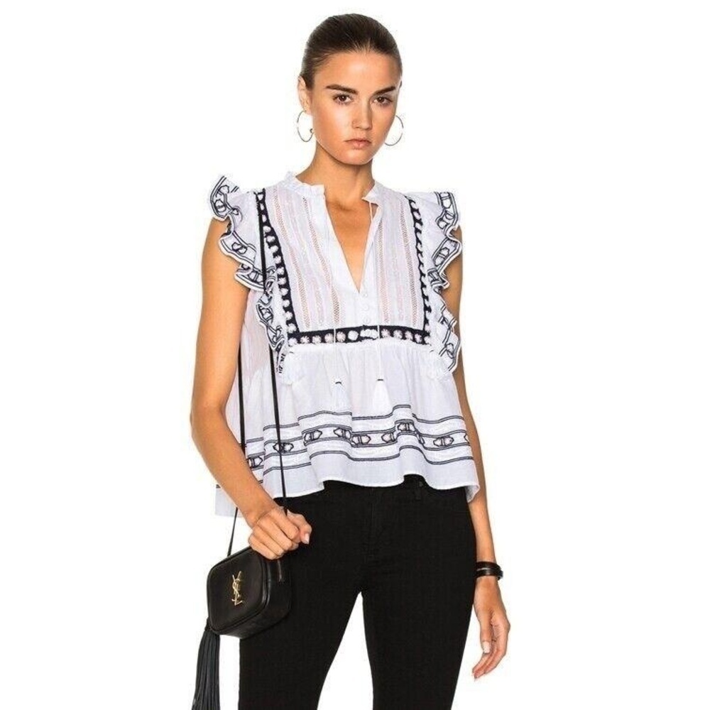SEA NEW YORK Boho Lace Bib Ruffle Tank Top Size 8 White Tassel V-neck Blouse